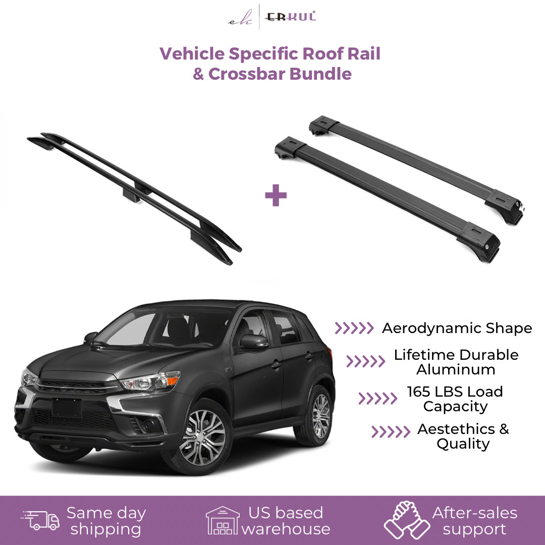 Erkul Set of Roof Side Rails Rack & Cross Bars for Outlander Sport 2011-25 Black