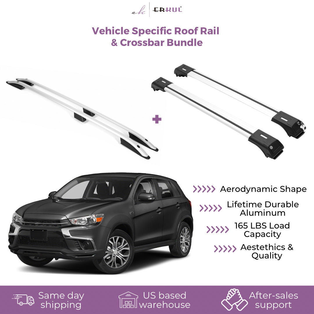 Erkul Set of Roof Side Rails Rack & Cross Bar for Outlander Sport 2011-25 Silver