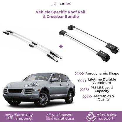 ERKUL Set of Roof Side Rails Rack + Cross Bars for Porsche Cayenne 2003-2010 | Complete Roof Rack System Enhanced Cargo | Rooftop Luggage Carrier Kayak Canoe Ski | Designed for Bare Roofs | Silver