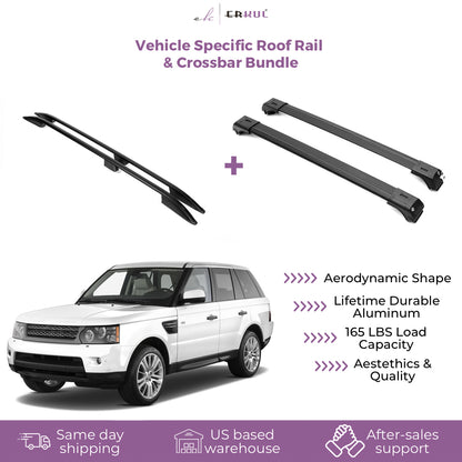 ERKUL Set of Roof Side Rails Rack + Cross Bars for Range Rover Sport 2005-2013 | Complete Roof Rack System | Rooftop Luggage Carrier Kayak Canoe Ski| Designed for Bare Roofs | Black