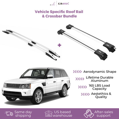 ERKUL Set of Roof Side Rails Rack + Cross Bars for Range Rover Sport 2005-2013 | Complete Roof Rack System | Rooftop Luggage Carrier Kayak Canoe Ski| Designed for Bare Roofs | Silver