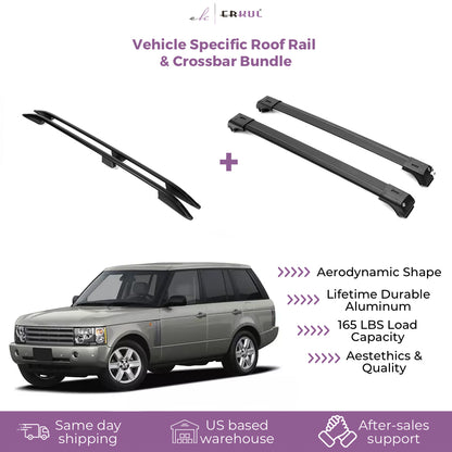 ERKUL Set of Roof Side Rails Rack + Cross Bars for Range Rover 2002-2012 | Complete Roof Rack System | Rooftop Luggage Carrier Kayak Canoe Ski | Designed for Bare Roofs | Black