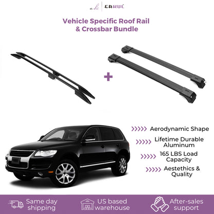 ERKUL Set of Roof Side Rails Rack + Cross Bars for Volkswagen Touareg 2003-2007 | Complete Roof Rack System Enhanced Cargo |Rooftop Luggage Carrier Kayak Canoe Ski| Designed for Bare Roofs | Black