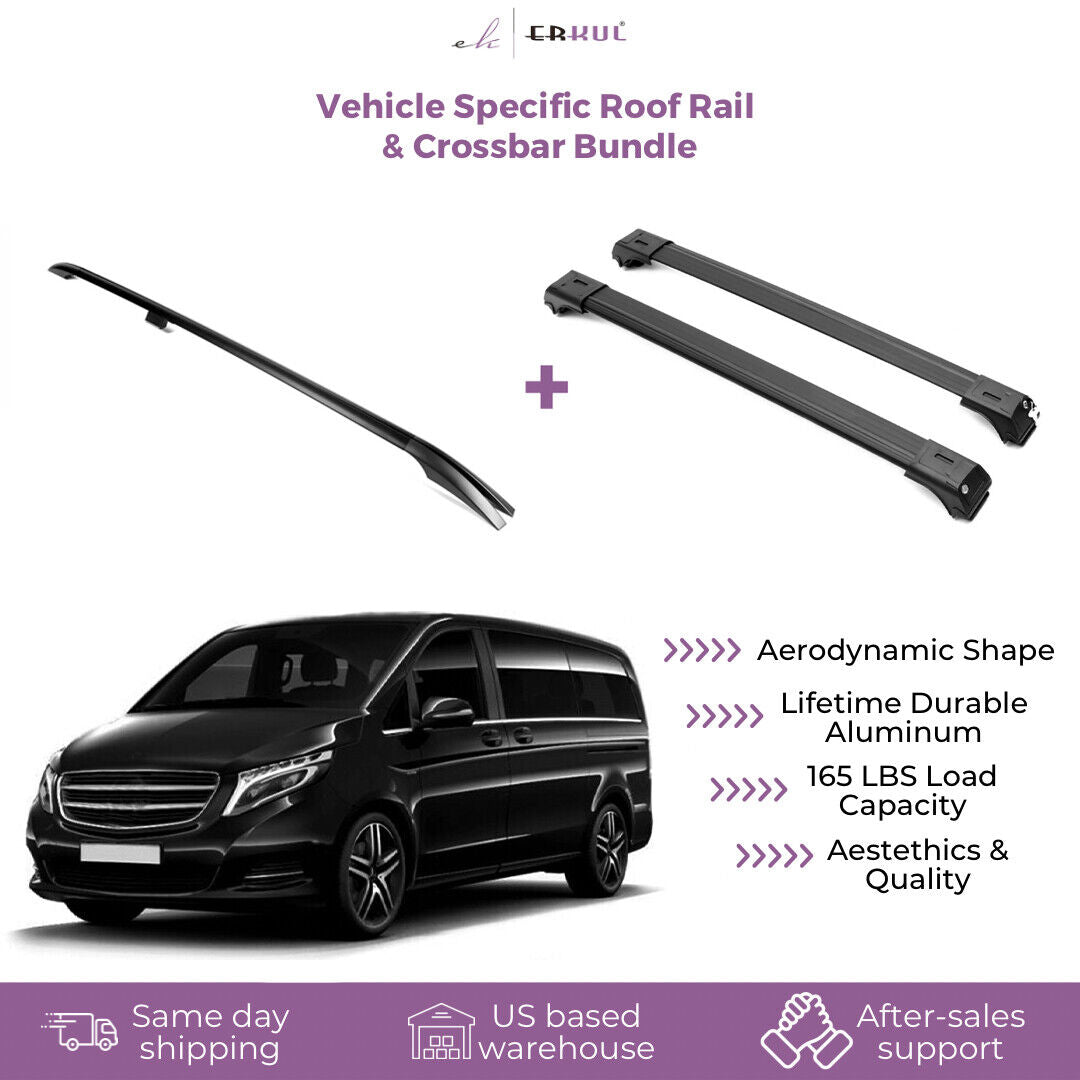 ERKUL Roof Side Rails + Cross Bars Set for Mercedes Benz Metris Short Wheelbase 2014-2023 | Complete Roof Rack System | Black